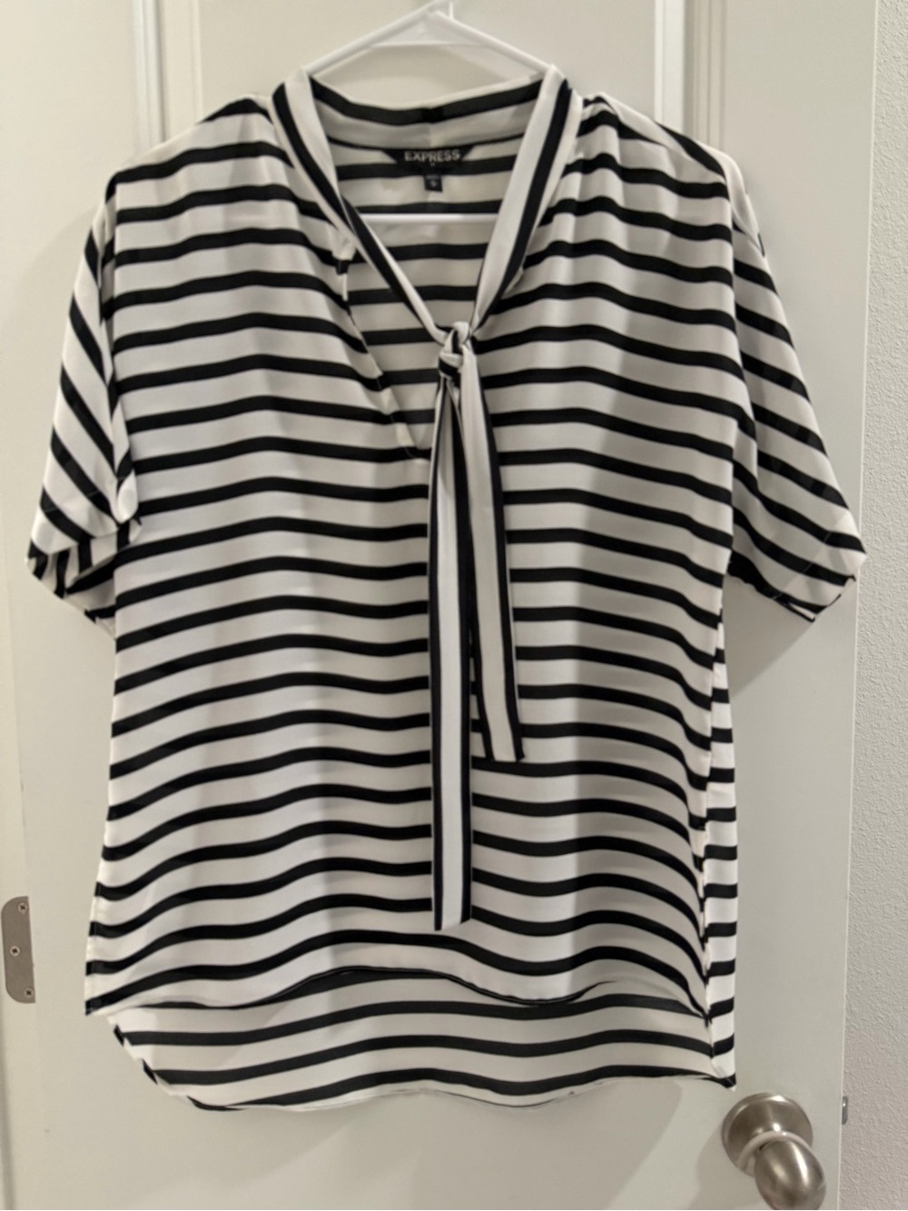 Express Black & White Striped Tie-Neck Blouse